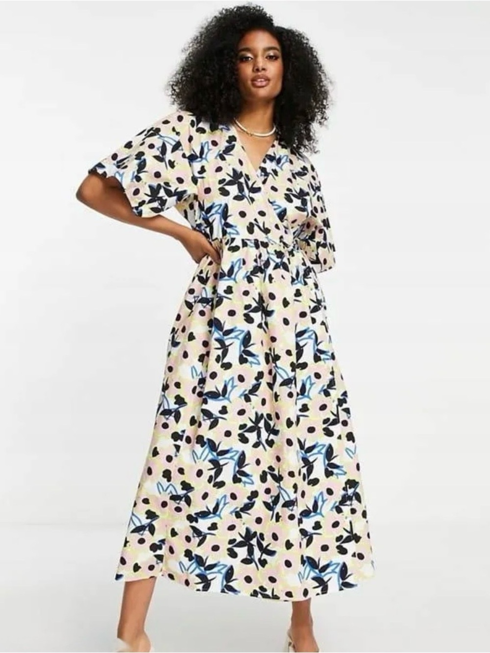 ASOS Edition Black Pink Floral Print Cotton Midi Short Sleeve Wrap Dress Size 8